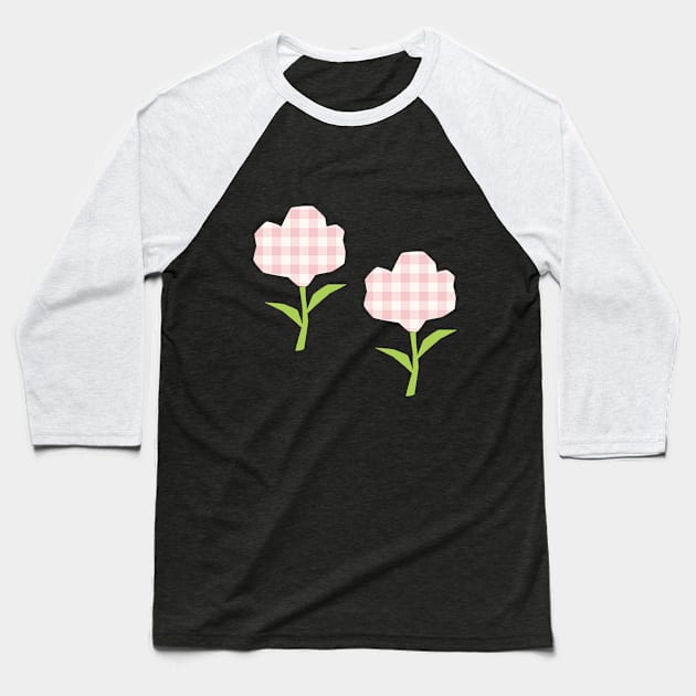 Pink Gingham Flower Design Baseball T-Shirt by In Beauty We Trust